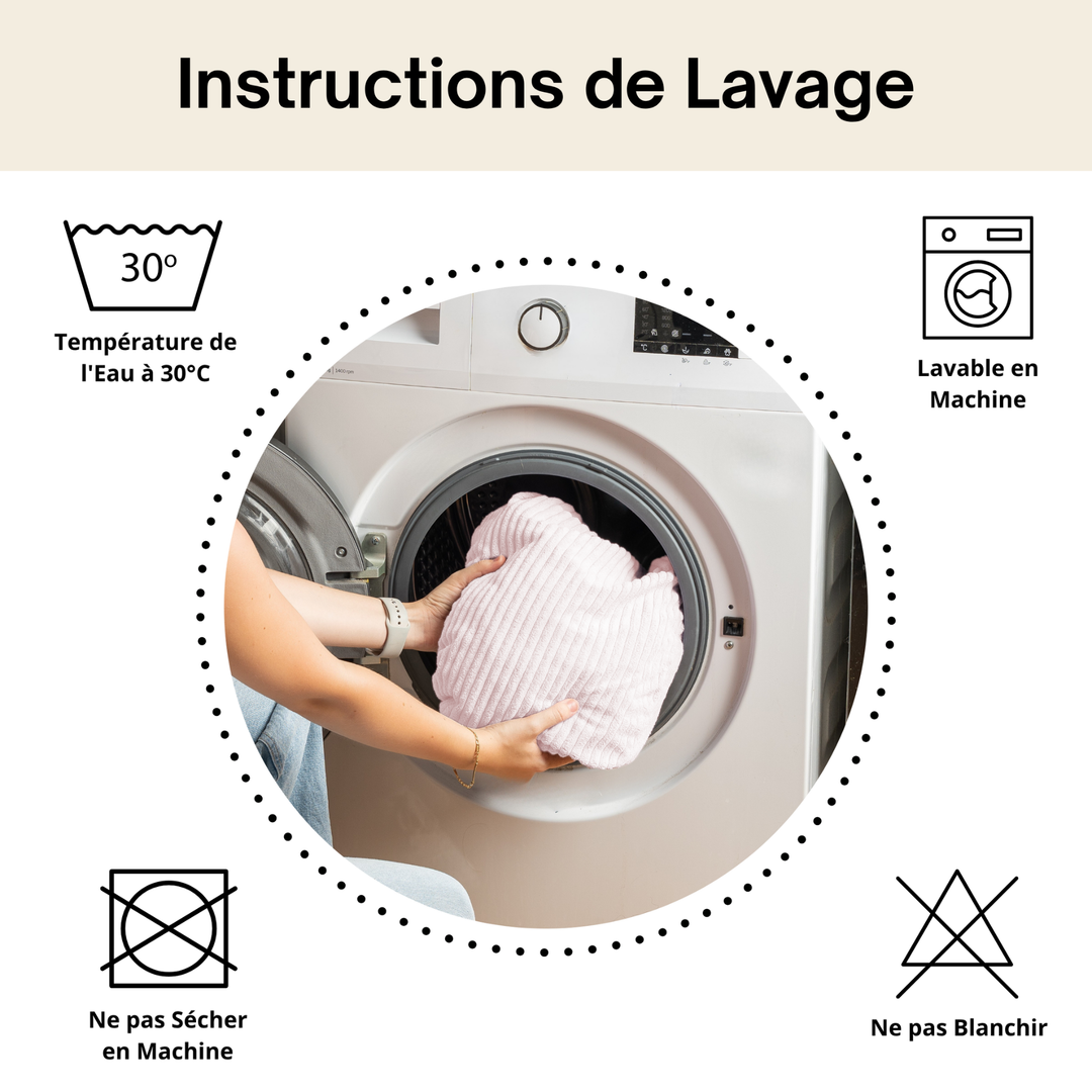 Pictogrammes d’entretien de la housse du pouf : lavage 30 °C, lavage en machine