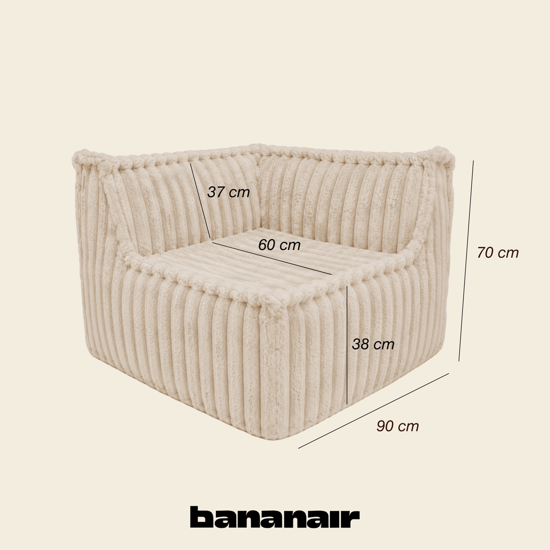 Module d’angle droit déhoussable en fourrure côtelée beige, dimensions indiquées