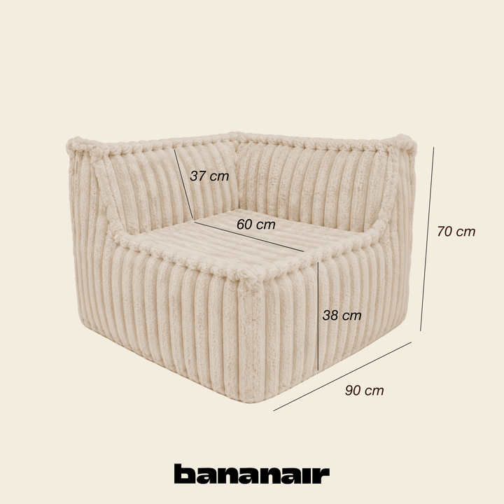 Module d’angle droit déhoussable en fourrure côtelée beige, dimensions indiquées