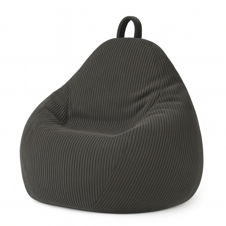 Pouf poire déhoussable en velours côtelé gris foncé, forme poire rembourrée avec poignée