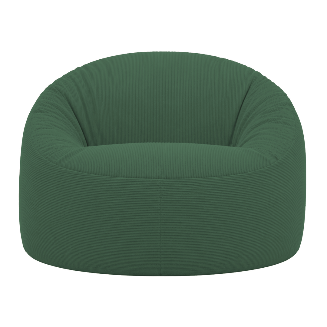 Pouf déhoussable 100 cm en velours côtelé vert foncé, assise ronde et dossier rembourré.