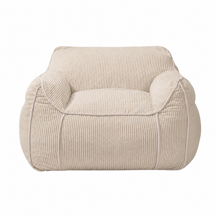 Pouf fauteuil velours côtelé beige clair, face avant avec couture et accoudoir