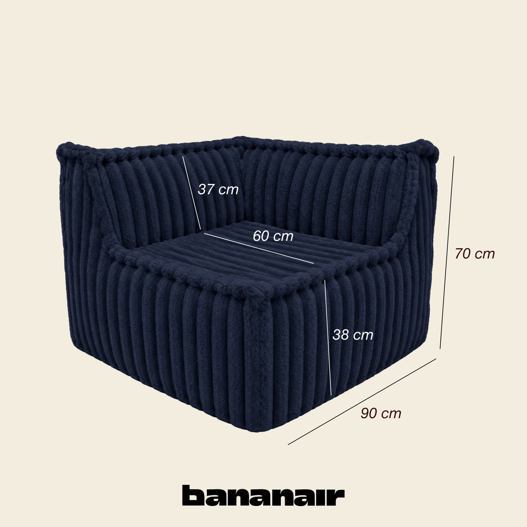 Module d’angle de canapé modulable déhoussable bleu foncé en fourrure côtelée, dimensions indiquées 90x90 cm 