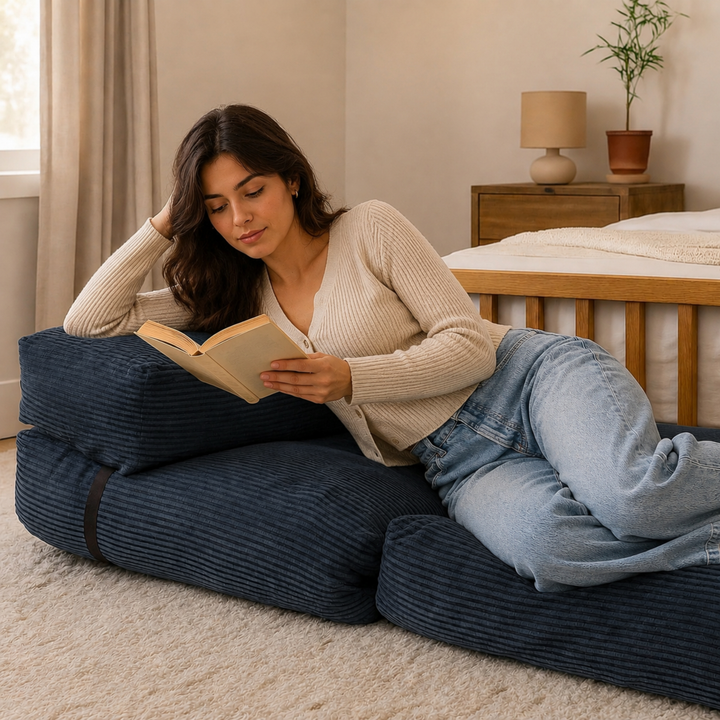 Femme sur une chauffeuse 1 place bleu foncé côtelé, position allongée avec coussin d’appui.