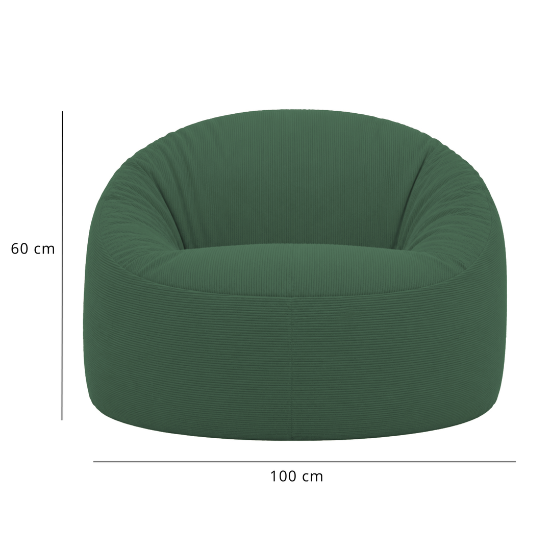 Pouf déhoussable en velours côtelé vert foncé, dimensions 100 cm x 60 cm.