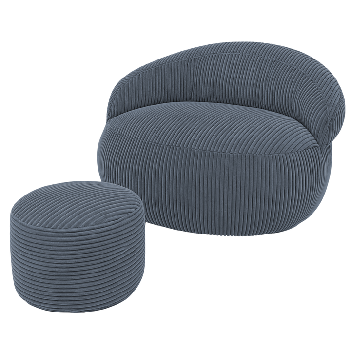 Pouf XXL en velours côtelé bleu foncé, avec repose-pieds rond assorti