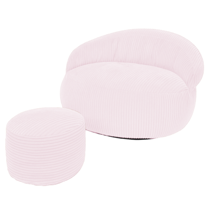 Pouf XXL en velours côtelé rose pâle, avec repose-pieds rond assorti