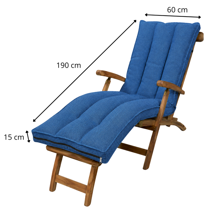 Coussin de bain de soleil déhoussable bleu, dimensions 190×60×15 cm, housse déhoussable