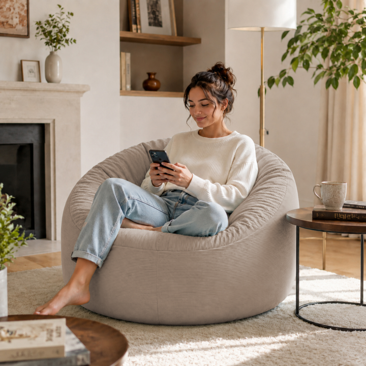 Personne assise dans un pouf rond en velours côtelé, dans un salon
