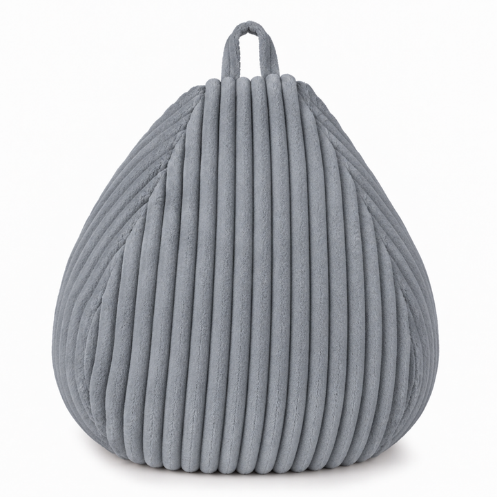 Pouf poire gris fourrure côtelée déhoussable, vue avant, poignée en haut.