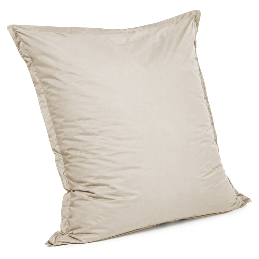 Pouf extérieur déhoussable imperméable, housse beige, coussin 140×180 cm.