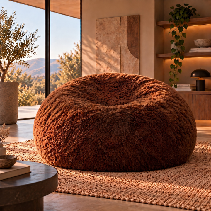 Pouf géant Banabag en fourrure marron, forme ronde, vue dans un intérieur