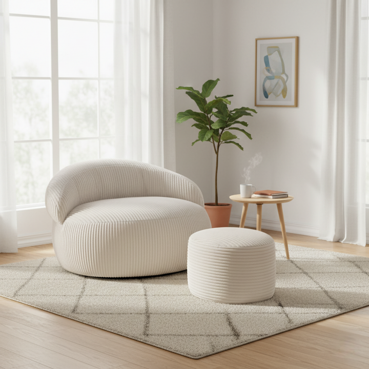 Pouf XXL velours côtelé rond avec repose-pieds assorti, dans un salon.
