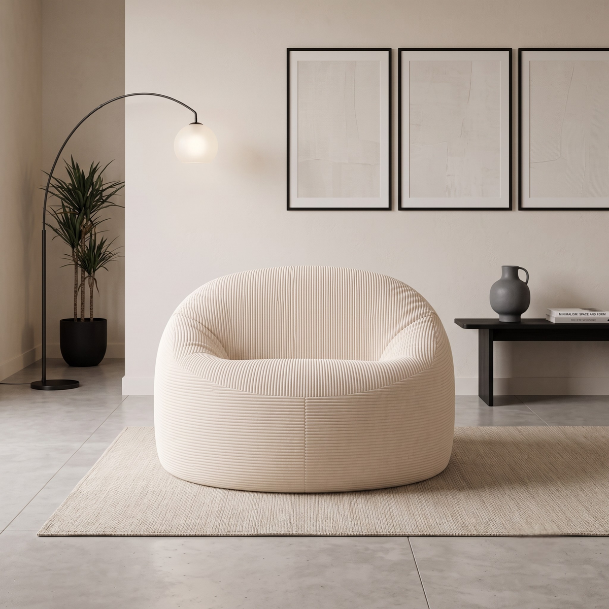 Pouf déhoussable beige clair en velours côtelé, vue en intérieur