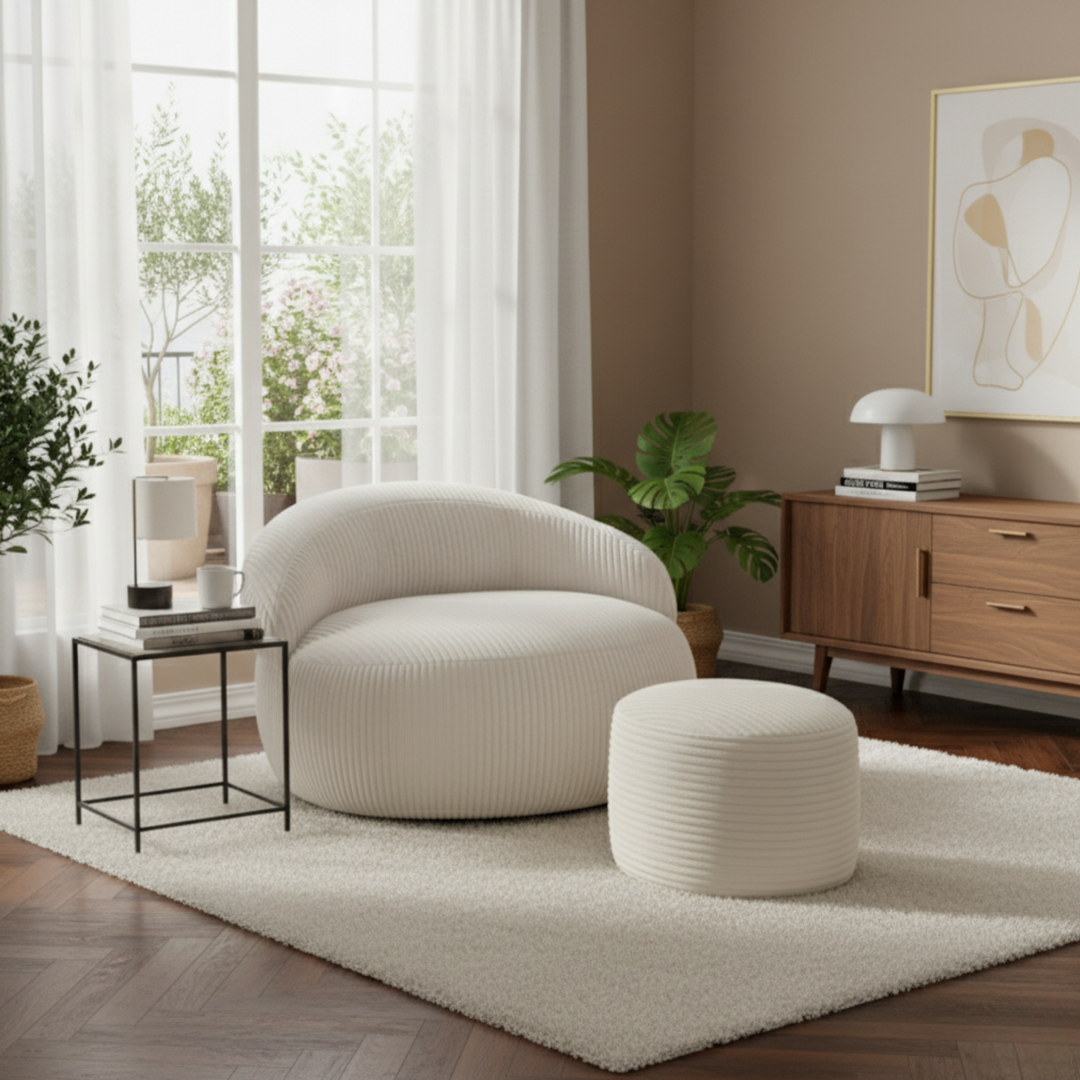 Pouf XXL velours côtelé rond avec repose-pieds assorti, dans un salon.