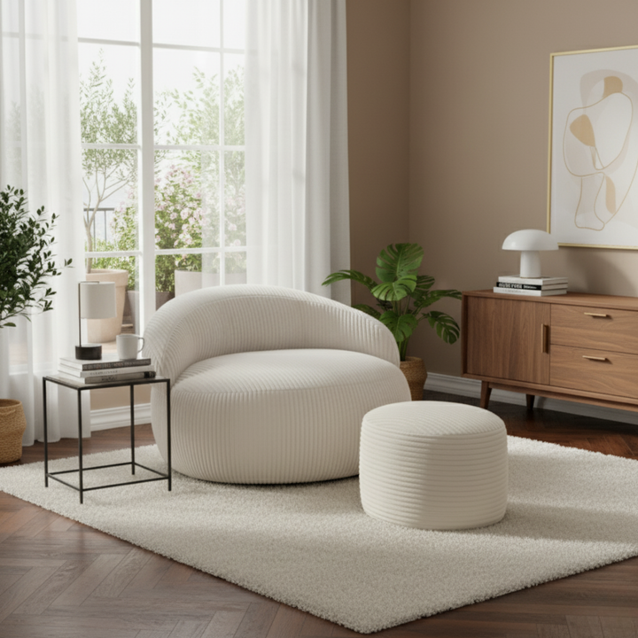 Pouf XXL velours côtelé rond avec repose-pieds assorti, dans un salon.