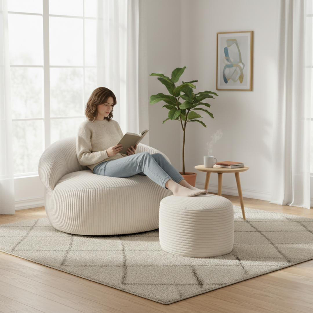 Personne assise confortablement sur un pouf XXL en velours côtelé avec repose-pieds, dans un salon