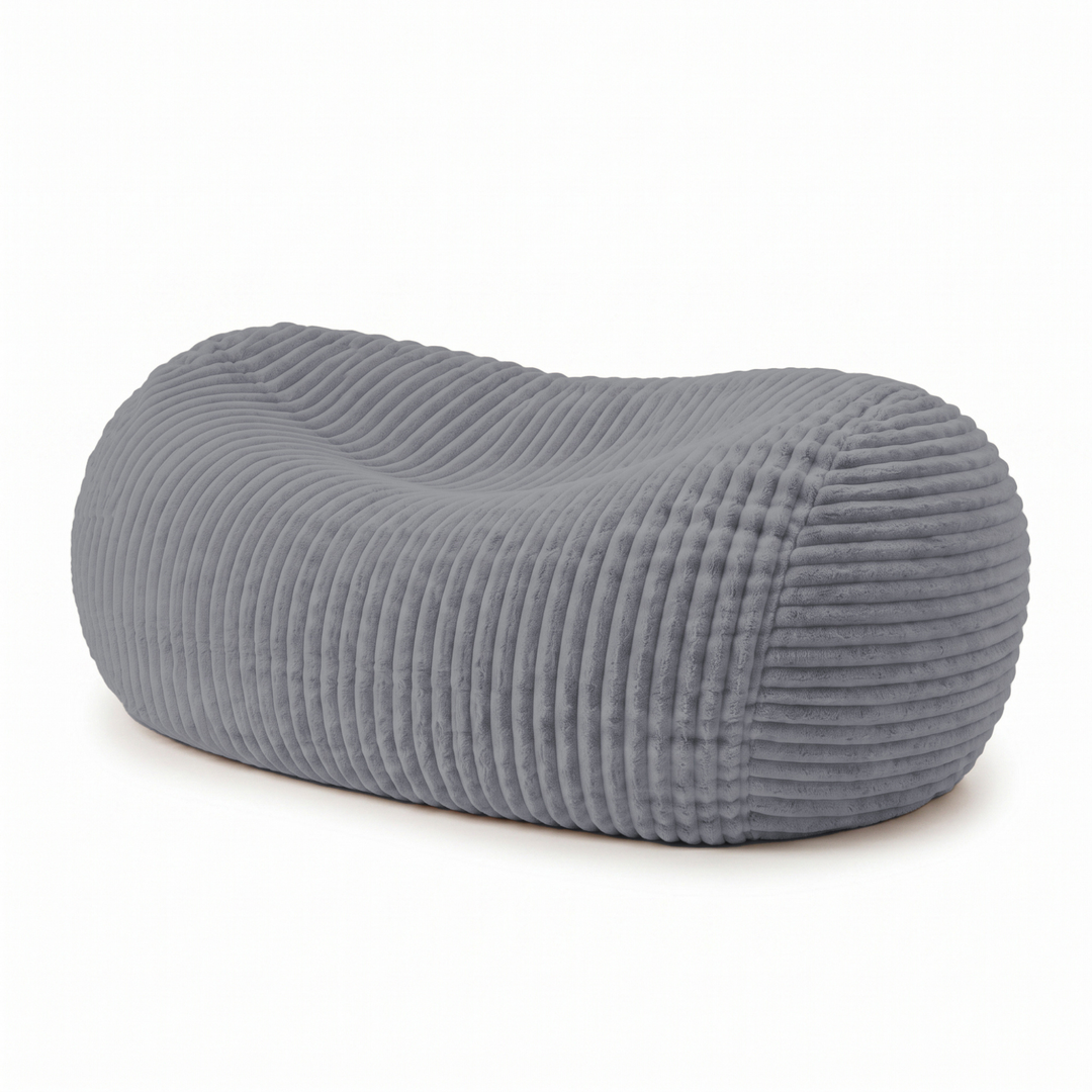Pouf long géant déhoussable gris en fourrure côtelée