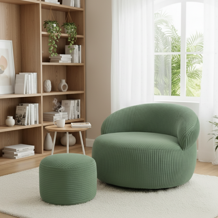 Pouf XXL vert en velours côtelé avec repose-pieds, design arrondi