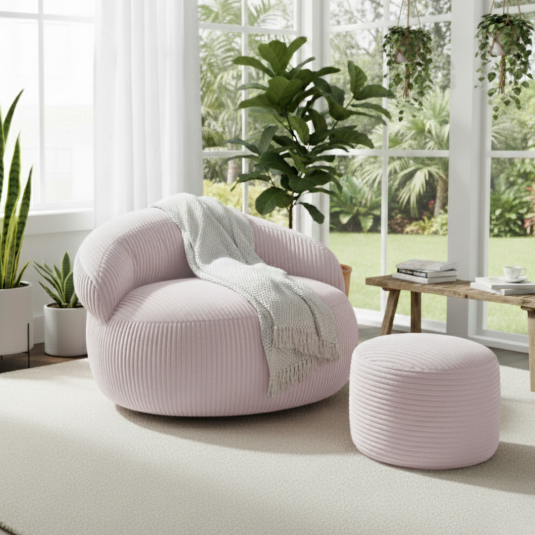 Pouf XXL velours côtelé rond avec repose-pieds assorti, dans un salon.