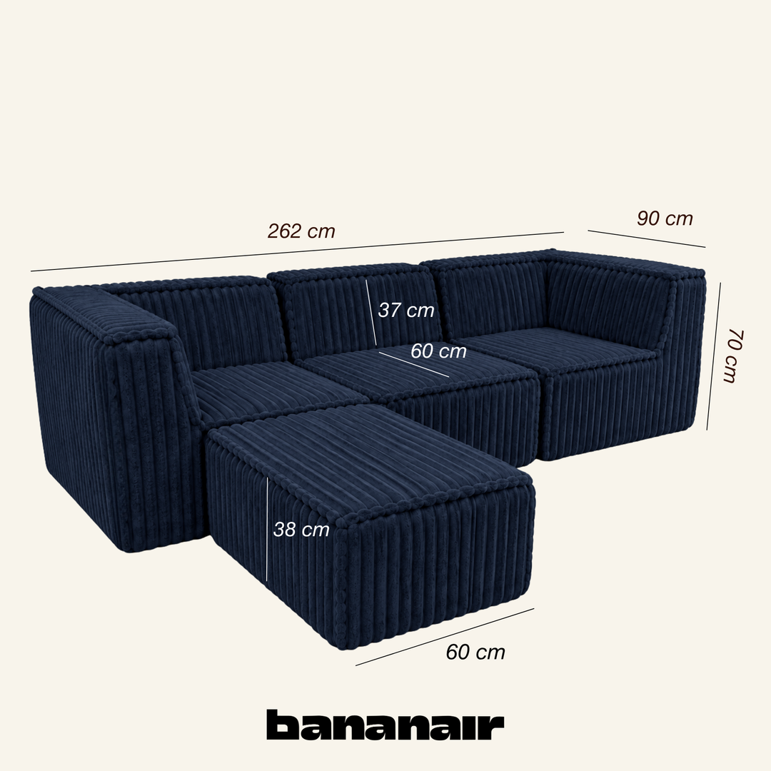 Canapé modulable beige avec méridienne, dimensions 90 × 262 cm (3 places).
