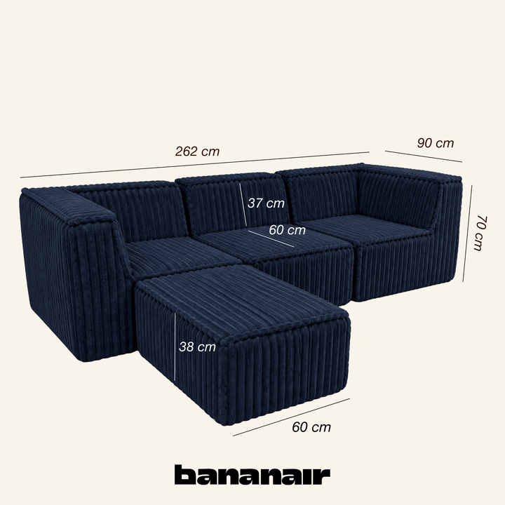 Canapé modulable beige avec méridienne, dimensions 90 × 262 cm (3 places).