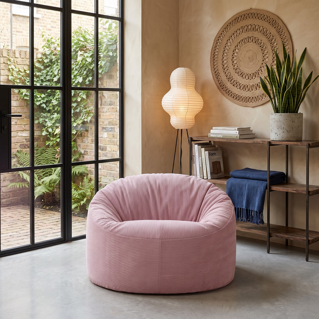Pouf rond en velours côtelé rose, assise creusée et bords arrondis dans un salon.