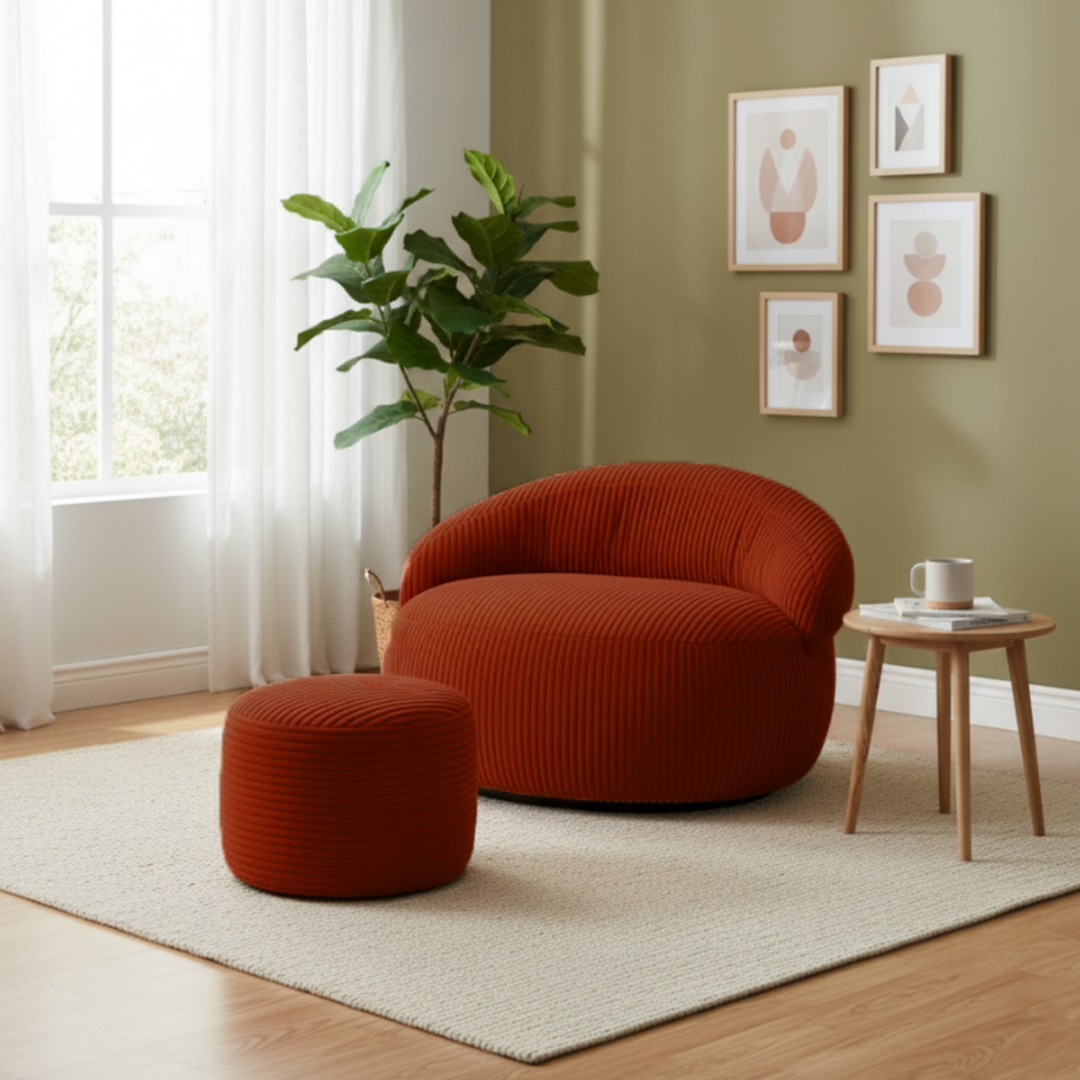 Pouf XXL velours côtelé rond avec repose-pieds assorti, dans un salon.