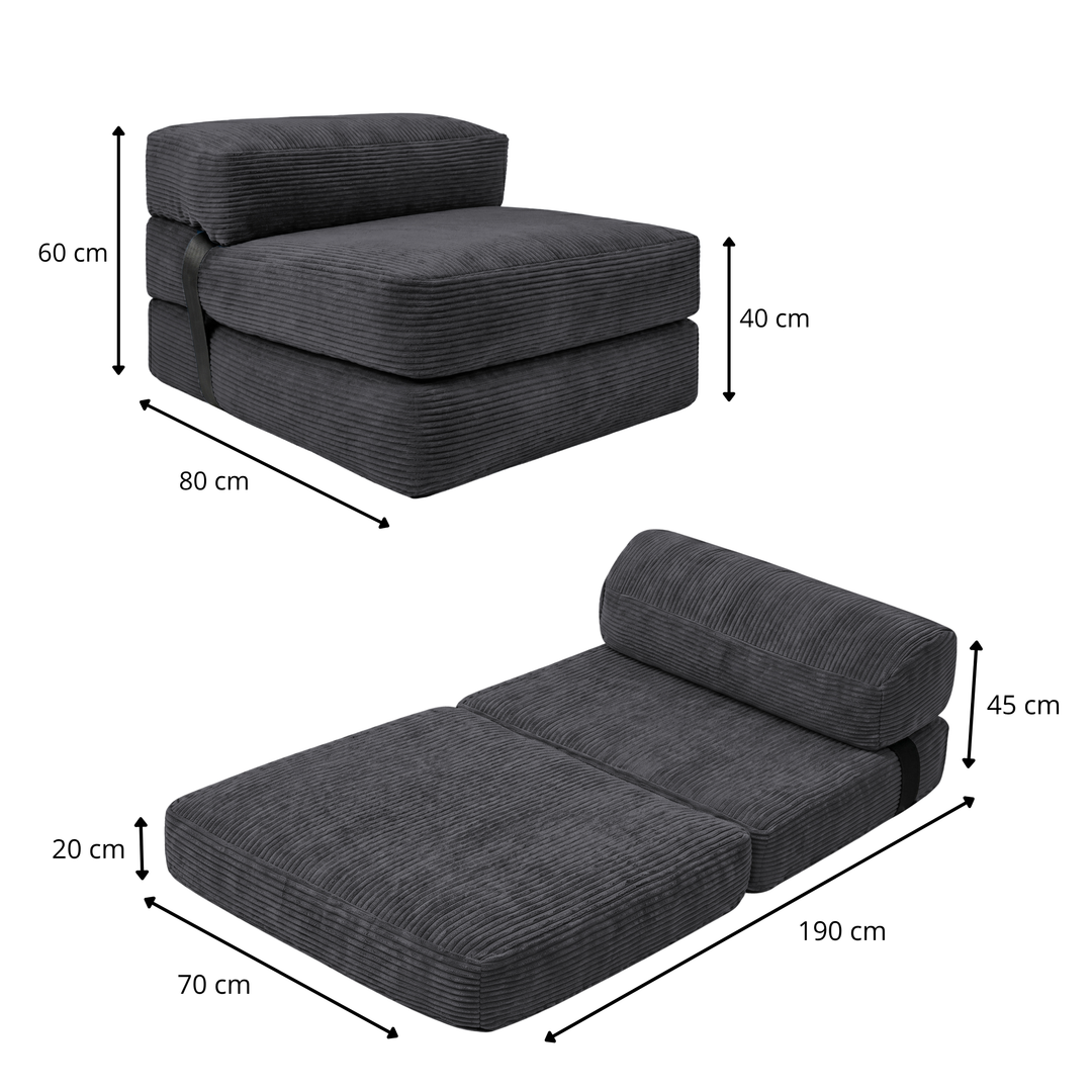 Chauffeuse gris foncé avec dimensions indiquées : 80 cm, 70 cm, 190 cm, 40–60 cm