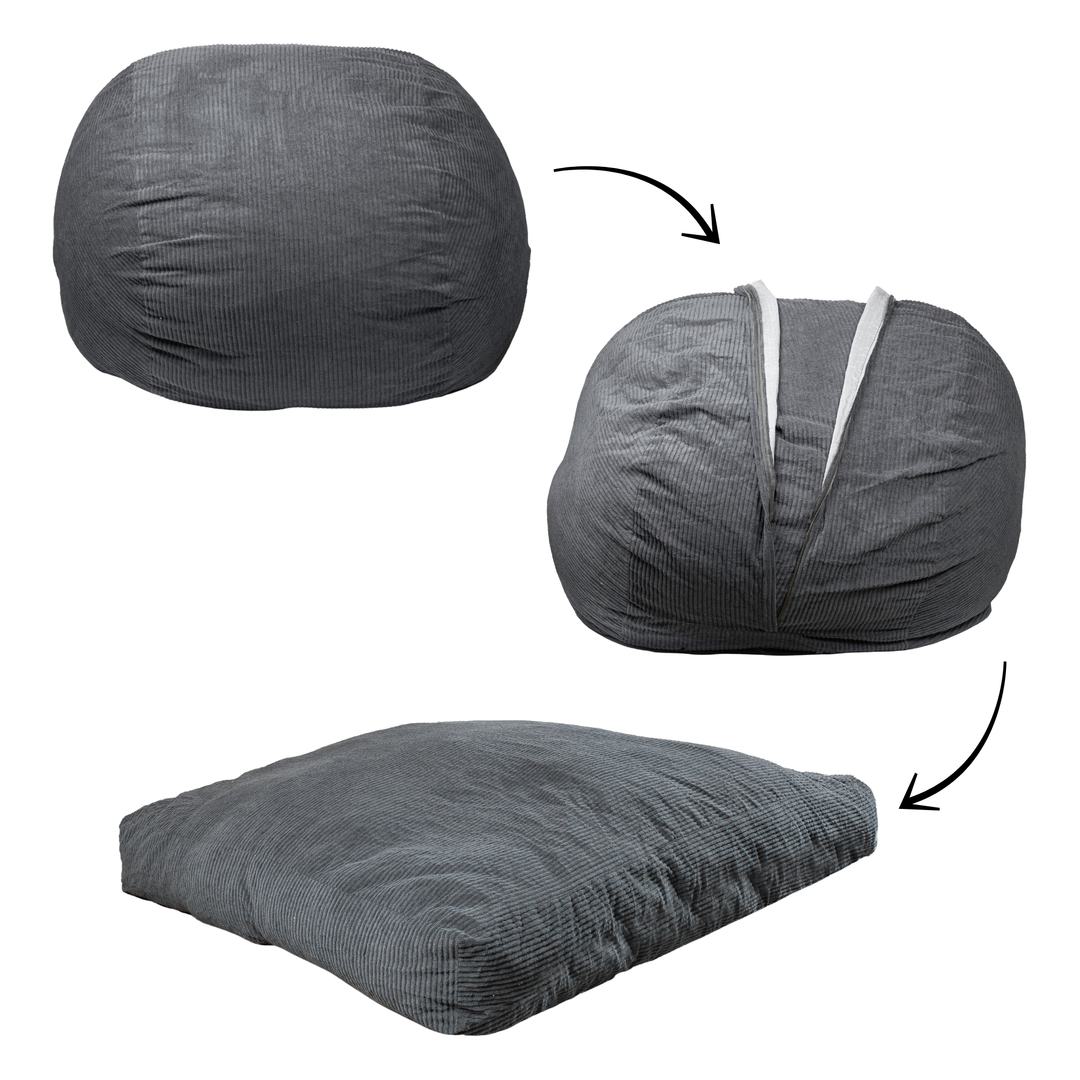 Pouf lit convertible 2-en-1 gris foncé, usages assis et lit déplié