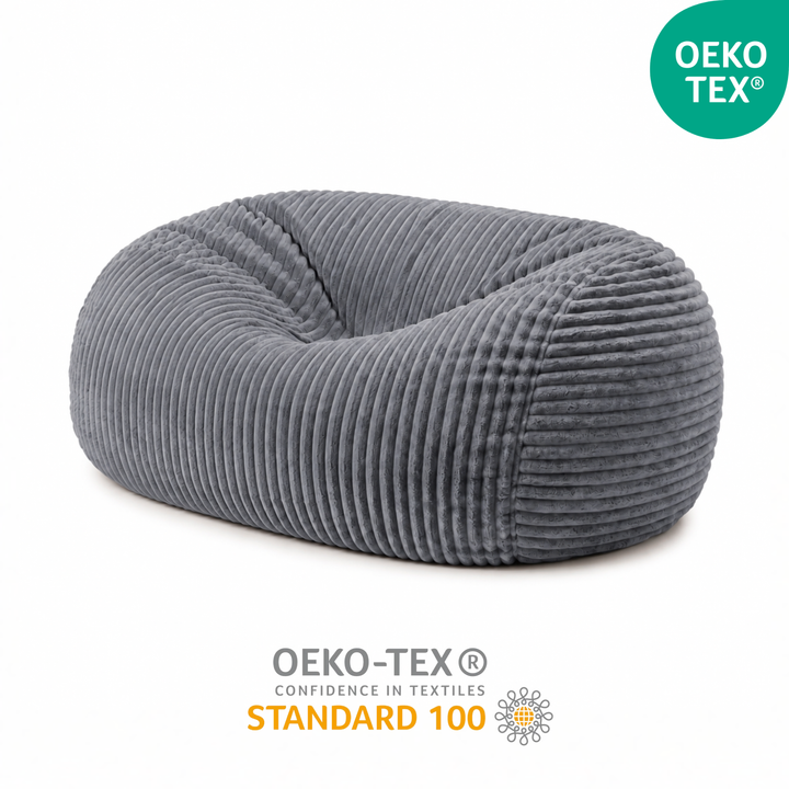 Pouf long géant déhoussable gris en fourrure côtelée certifiée OEKO-TEX