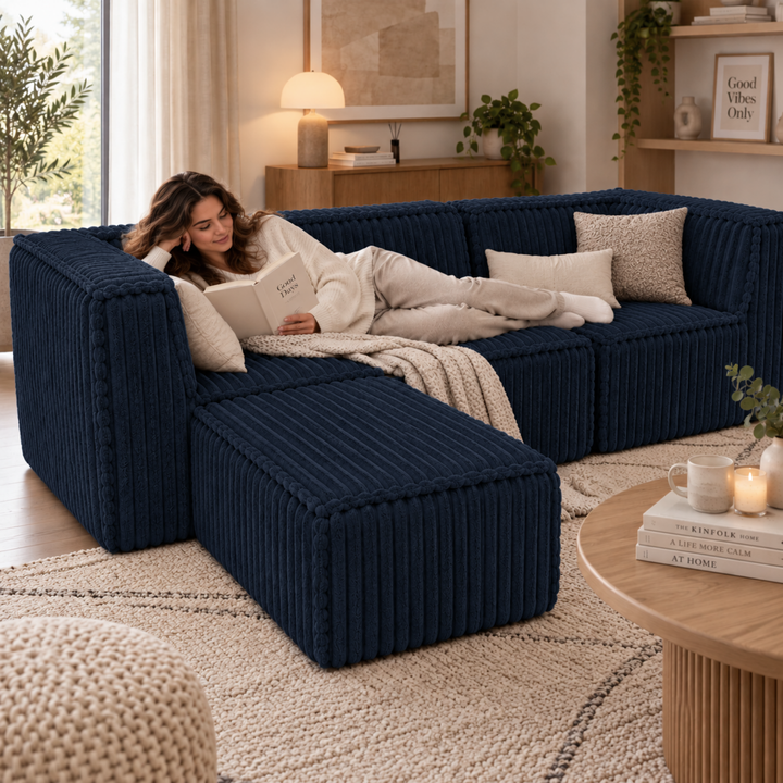 Femme allongée sur un canapé modulable bleu : méridienne, assise épaisse et coussins
