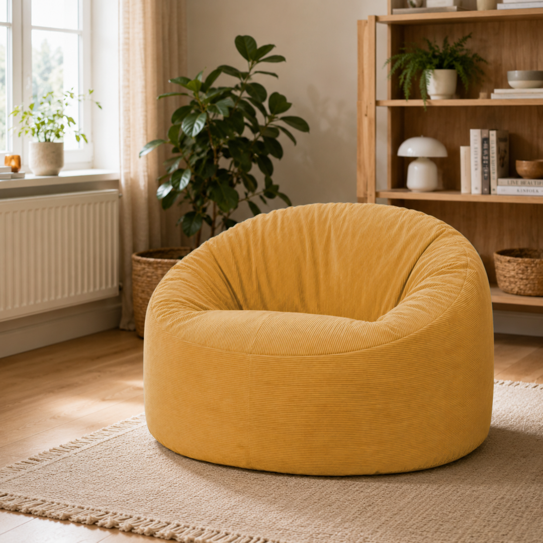 Pouf rond en velours côtelé jaune, dans un salon.