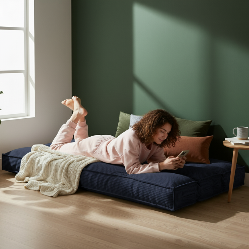 Futon déhoussable bleu foncé, housse velours côtelé