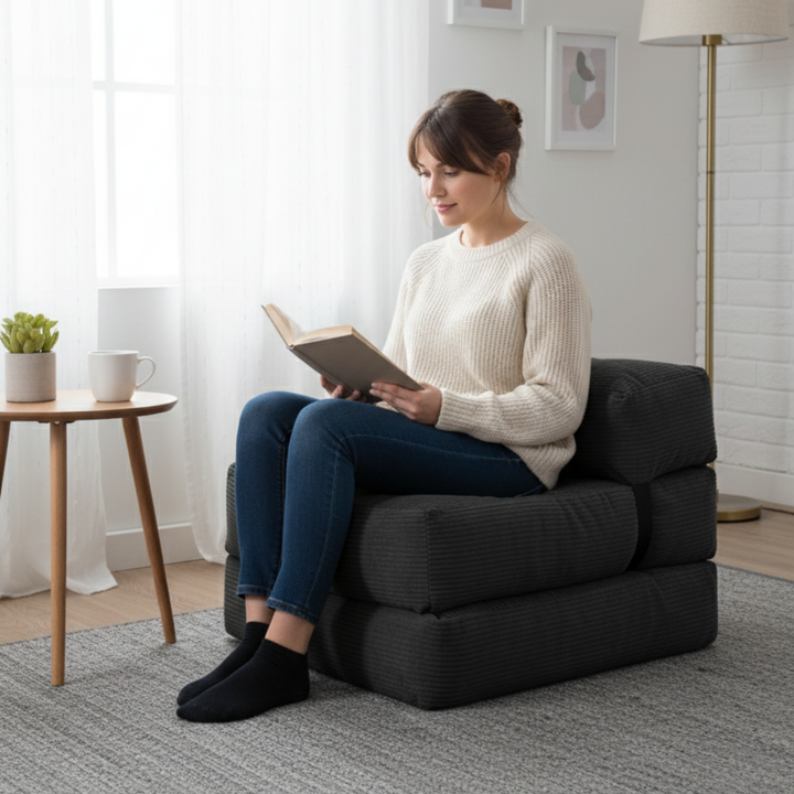 Femme assise sur une chauffeuse gris foncé en velours côtelé, confortable à 1 place