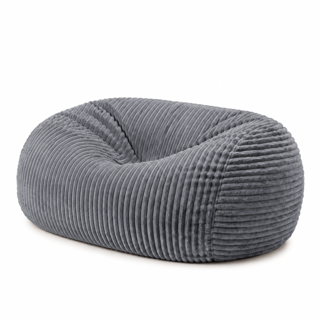 Pouf long géant déhoussable gris en fourrure côtelée