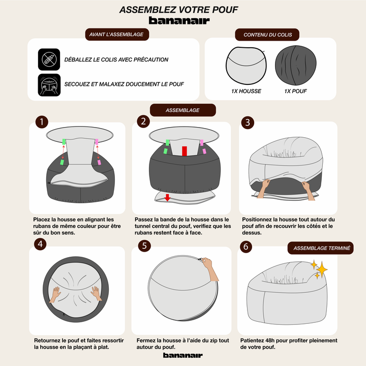 Pouf déhoussable en velours côtelé épais : étapes de fixation et fermeture de la housse