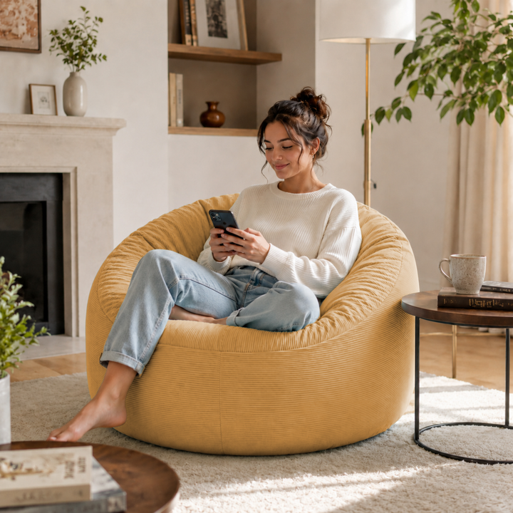 Personne assise dans un pouf rond en velours côtelé, dans un salon