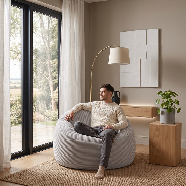 Femme assise sur un pouf déhoussable gris clair en velours côtelé, assise arrondie pour s’asseoir confortablement.