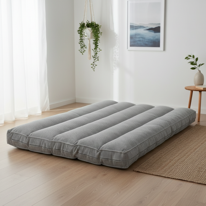 Futon déhoussable gris clair en velours côtelé, avec bords rembourrés
