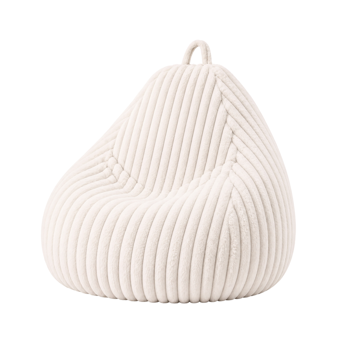 Pouf poire blanc en fourrure côtelée, forme poire avec poignée