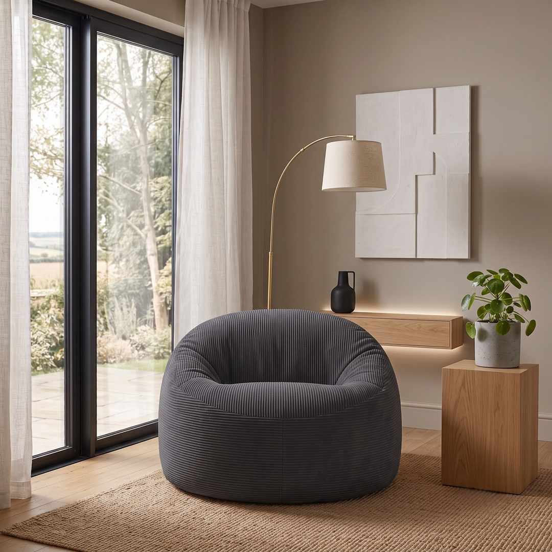 Pouf déhoussable 100 cm gris foncé en velours côtelé épais, forme cylindrique, assise rembourrée.