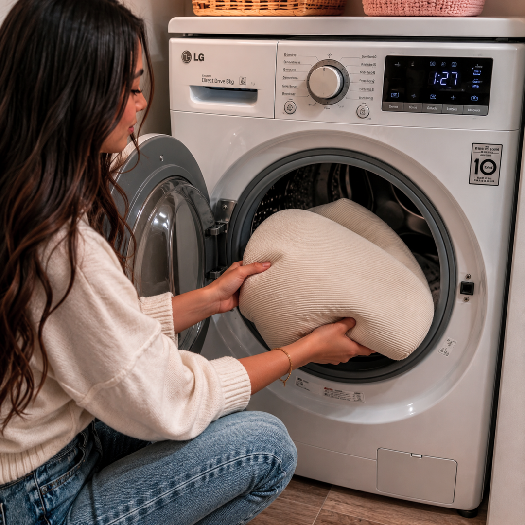 Housse de pouf en velours côtelé écru dans un lave-linge, prête à être lavée.
