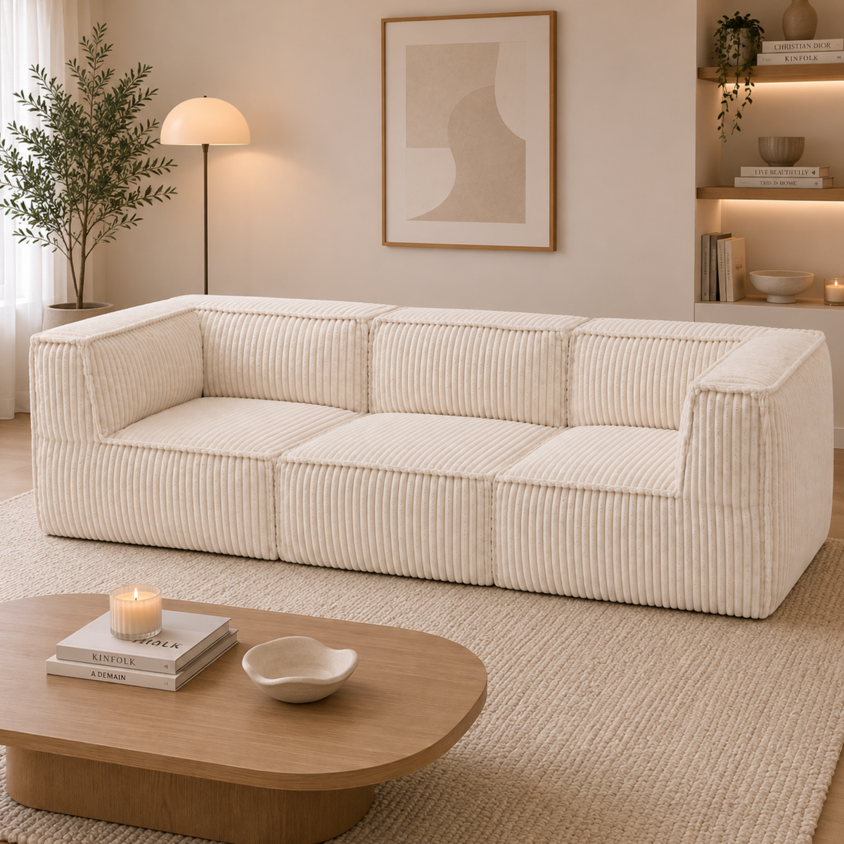 Canapé modulable 3 places déhoussable en velours côtelé blanc cassé, vue en intérieur