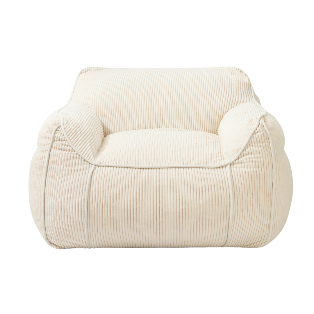Pouf fauteuil en velours côtelé blanc cassé, vue de face, assise et dossier rembourrés