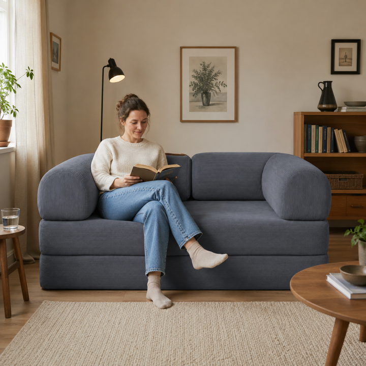 Personne assise sur un canapé-lit 2 places en velours côtelé gris, dossier bas et accoudoirs rembourrés.