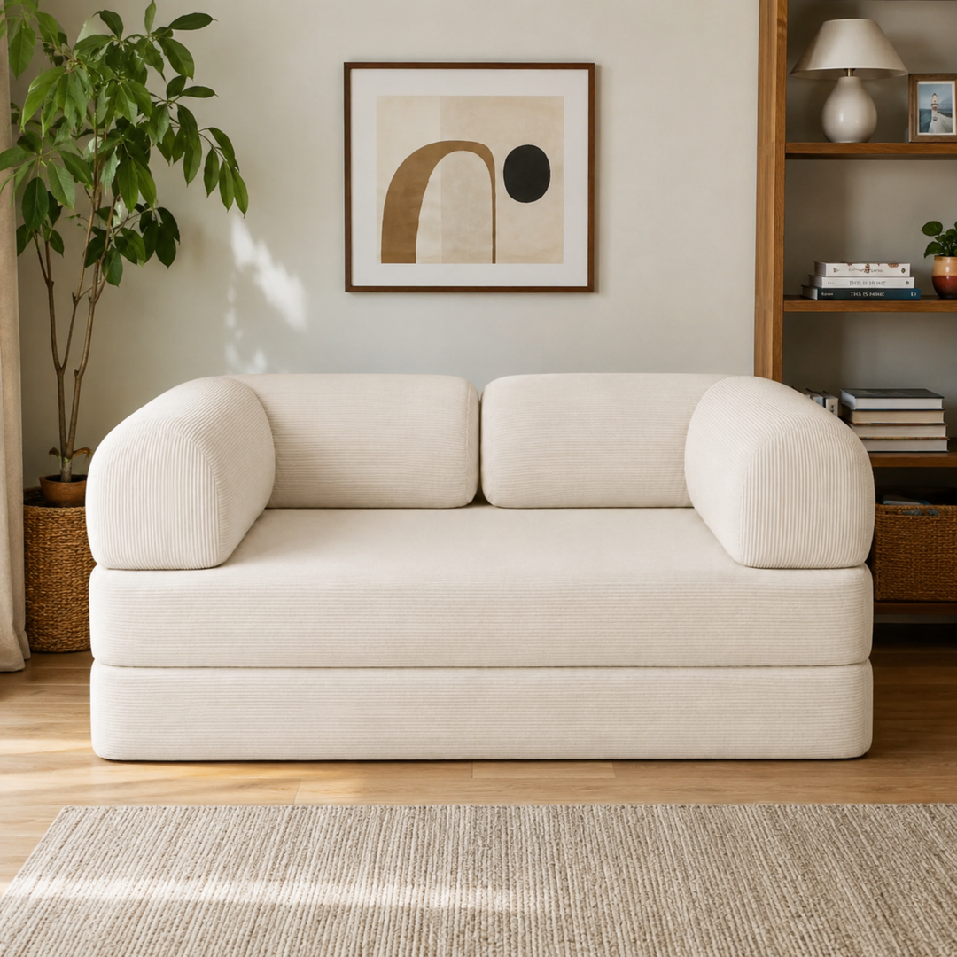 Canapé-lit 2 places en velours côtelé dans un salon