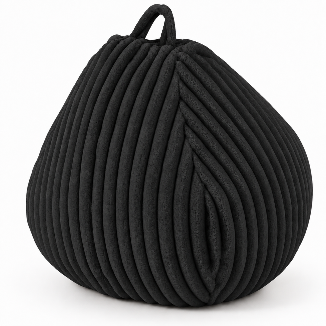Pouf poire noir fourrure côtelée avec anse, relief en lignes