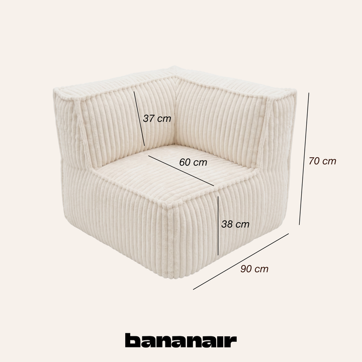 Module d’angle en velours côtelé blanc cassé, 90x90 cm (dimensions indiquées)