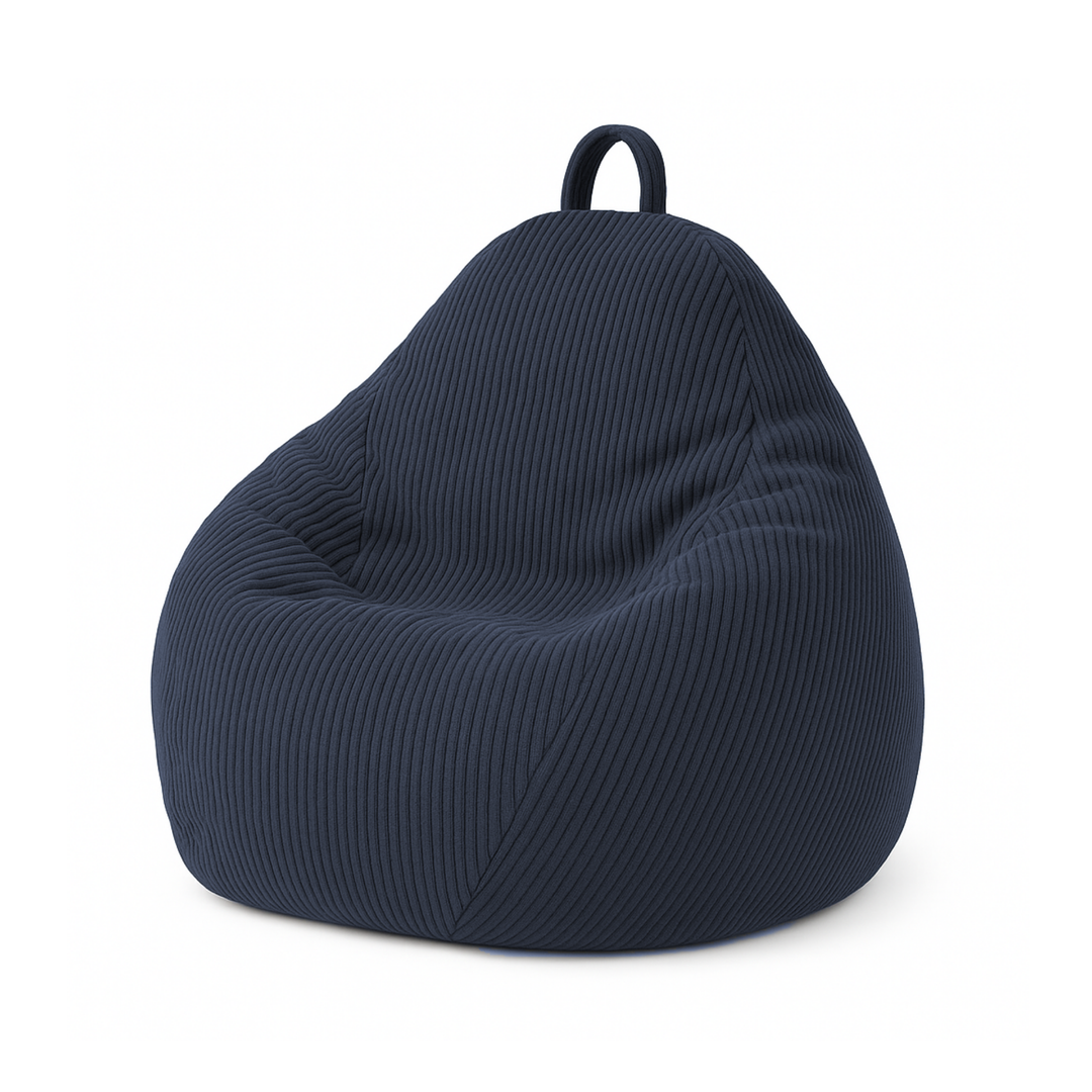 Pouf poire déhoussable en velours côtelé bleu foncé, forme poire rembourrée avec poignée